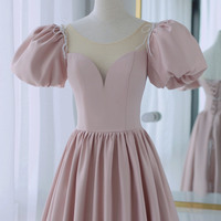 Pink satin long prom dress A-line evening dress - Thumbnail 3