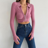 High Waist Turndown Collar Long Sleeve Blouse Shirt - Thumbnail 1