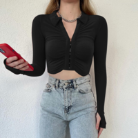 High Waist Turndown Collar Long Sleeve Blouse Shirt - Thumbnail 3