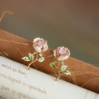 Vintage Pink Rose Flower Stud Earrings - Thumbnail 1