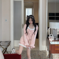 Sweet Sexy Girl Plush Pink Soft Knitted Form Fitting Fur Bow Pink Long Sleeve Dress - Thumbnail 3