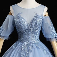Blue tulle lace long ball gown dress formal dress - Thumbnail 1