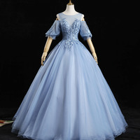 Blue tulle lace long ball gown dress formal dress - Thumbnail 4