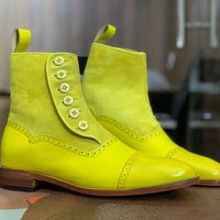 Men's Ankle High Leather & Suede Cap Toe Button Top Leather Boot - Thumbnail 1