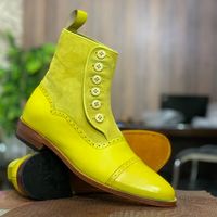 Men's Ankle High Leather & Suede Cap Toe Button Top Leather Boot - Thumbnail 2