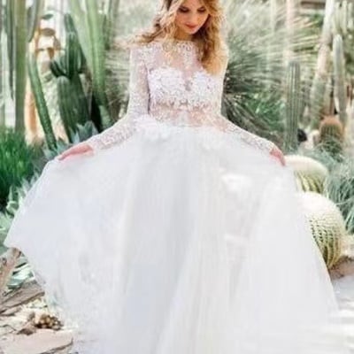 V back wedding dresses bridal gown with appliques lace - Thumbnail 4