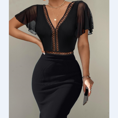 Solid Color Lace Stitching Black Short Sleeve Dress