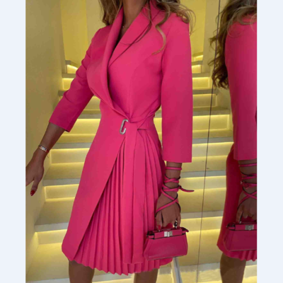 Solid color casual long sleeve rose red dress - Thumbnail 1