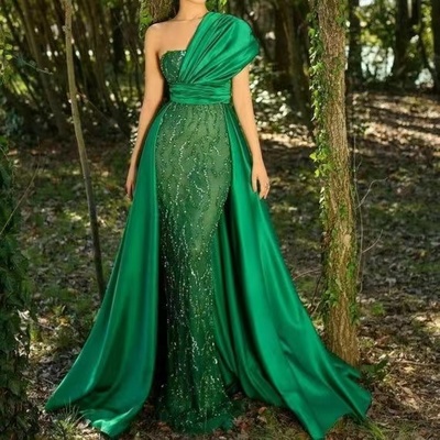 One shoulder green prom dresses with detachable - Thumbnail 2