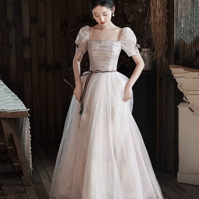 Cute tulle sequins long prom dress a-line evening dress - Thumbnail 2