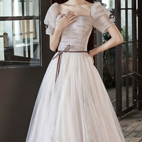 Cute tulle sequins long prom dress A-line evening dress - Thumbnail 1