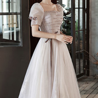 Cute tulle sequins long prom dress A-line evening dress - Thumbnail 3