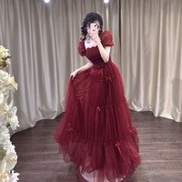 Burgundy tulle sequins long prom dress A-line evening dress - Thumbnail 1