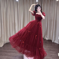Burgundy tulle sequins long prom dress A-line evening dress - Thumbnail 2