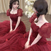Burgundy tulle sequins long prom dress A-line evening dress - Thumbnail 3