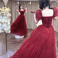 Burgundy tulle sequins long prom dress A-line evening dress - Thumbnail 4