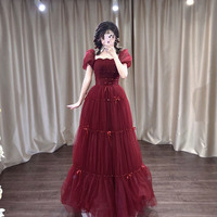 Burgundy tulle sequins long prom dress A-line evening dress - Thumbnail 5
