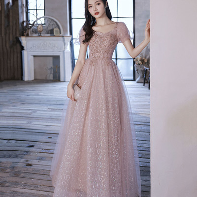 Pink tulle sequins long prom dress a-line evening dress - Thumbnail 2