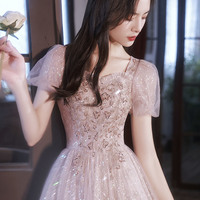 Pink tulle sequins long prom dress A-line evening dress - Thumbnail 2