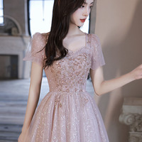 Pink tulle sequins long prom dress A-line evening dress - Thumbnail 3