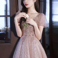 Pink tulle sequins long prom dress A-line evening dress - Thumbnail 4