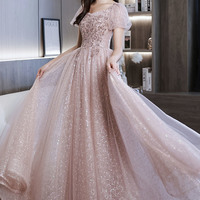 Pink tulle sequins long prom dress A-line evening dress - Thumbnail 5