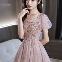 Pink tulle sequins long prom dress A-line evening dress - Thumbnail 1