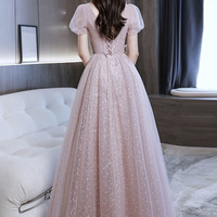 Pink tulle sequins long prom dress A-line evening dress - Thumbnail 6