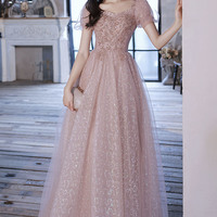 Pink tulle sequins long prom dress A-line evening dress - Thumbnail 7