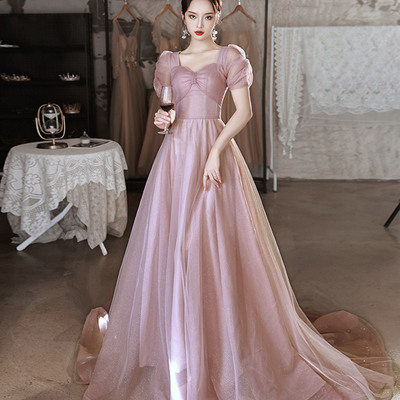 Pink tulle long a-line prom dress pink evening dress - Thumbnail 1