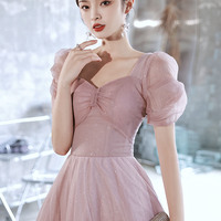 Pink tulle long A-line prom dress pink evening dress - Thumbnail 1