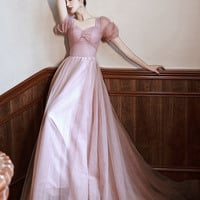 Pink tulle long A-line prom dress pink evening dress - Thumbnail 3