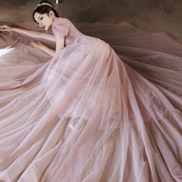 Pink tulle long A-line prom dress pink evening dress - Thumbnail 7