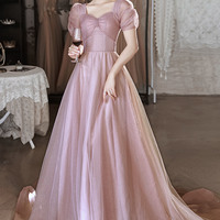 Pink tulle long A-line prom dress pink evening dress - Thumbnail 8