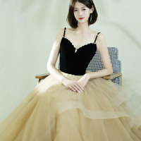 Cute V-neck tulle long prom dress A-line evening gown - Thumbnail 2