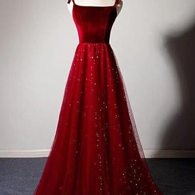 Charming straps dark red tulle prom dress with top velvet  - Thumbnail 4