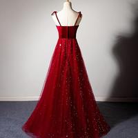 Charming Straps Dark Red Tulle Prom Dress With Top Velvet  - Thumbnail 1