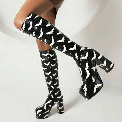 Gothic bat pattern knee boots
