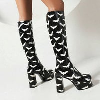 Gothic Bat Pattern Knee Boots - Thumbnail 1