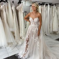 Charming A Line Tulle Slit Wedding Dresses with Appliques - Thumbnail 1
