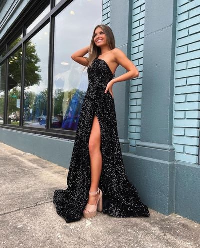 Sparkly A Line One Shoulder Black Sequins Long Prom Dresses with Slit