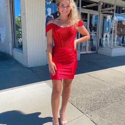 Cute off the shoulder red short homecoming dress with lace