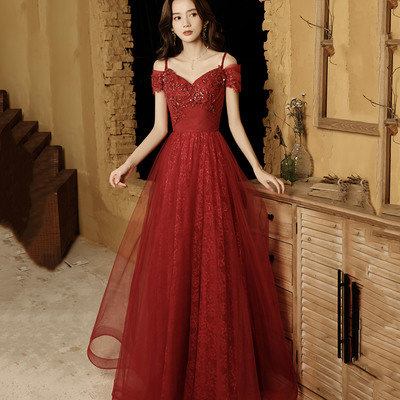 Burgundy tulle lace long prom dress a-line evening dress - Thumbnail 1