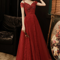Burgundy tulle lace long prom dress A-line evening dress - Thumbnail 2