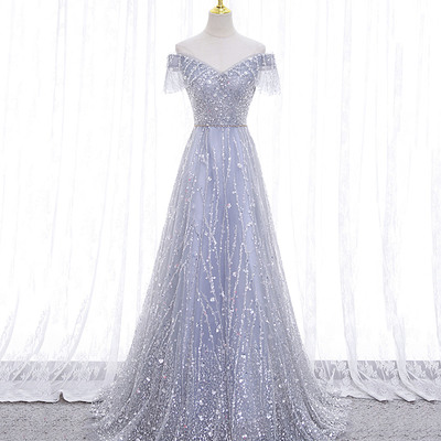 Gray tulle sequins long prom dress a-line evening dress - Thumbnail 2