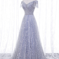 Gray tulle sequins long prom dress A-line evening dress - Thumbnail 2