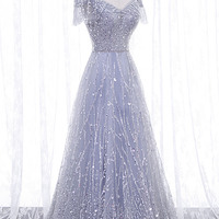 Gray tulle sequins long prom dress A-line evening dress - Thumbnail 3