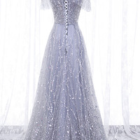 Gray tulle sequins long prom dress A-line evening dress - Thumbnail 4