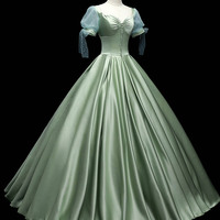 Green satin long ball gown dress formal dress - Thumbnail 2