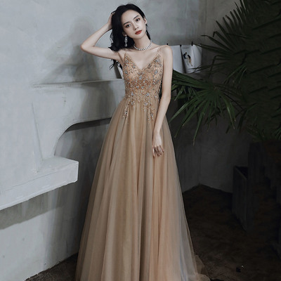 Stylish v-neck tulle beaded long prom dress evening dress - Thumbnail 1